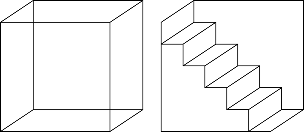 Ambigious depth illusion: Necker cube and Penrose Stairs.